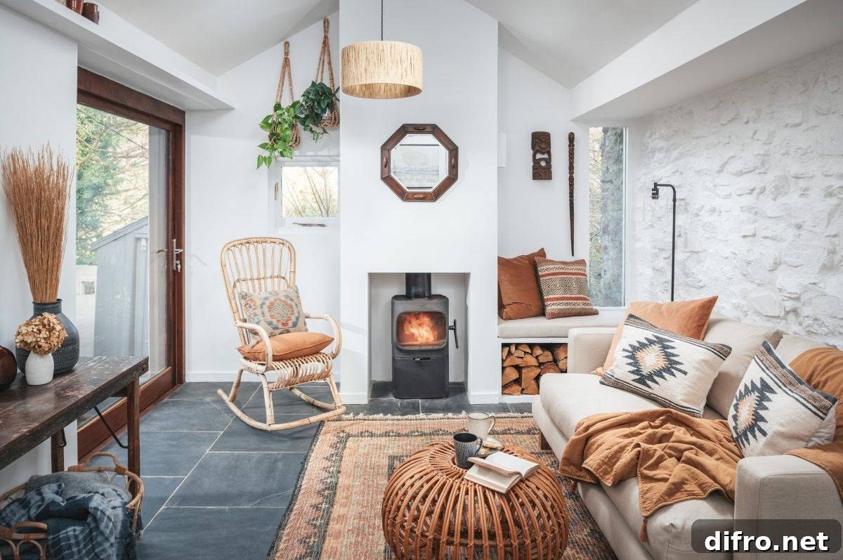 Textured walls with fireplace and comfy couch in a small living space