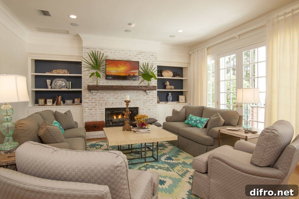 Modern beach style living room with a cozy fireplace