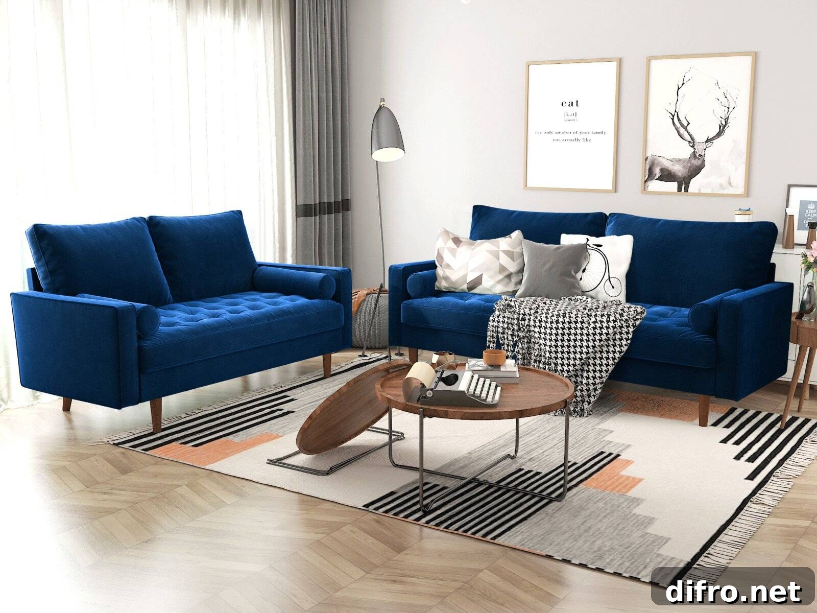 Neutral living room with blue accent sofas