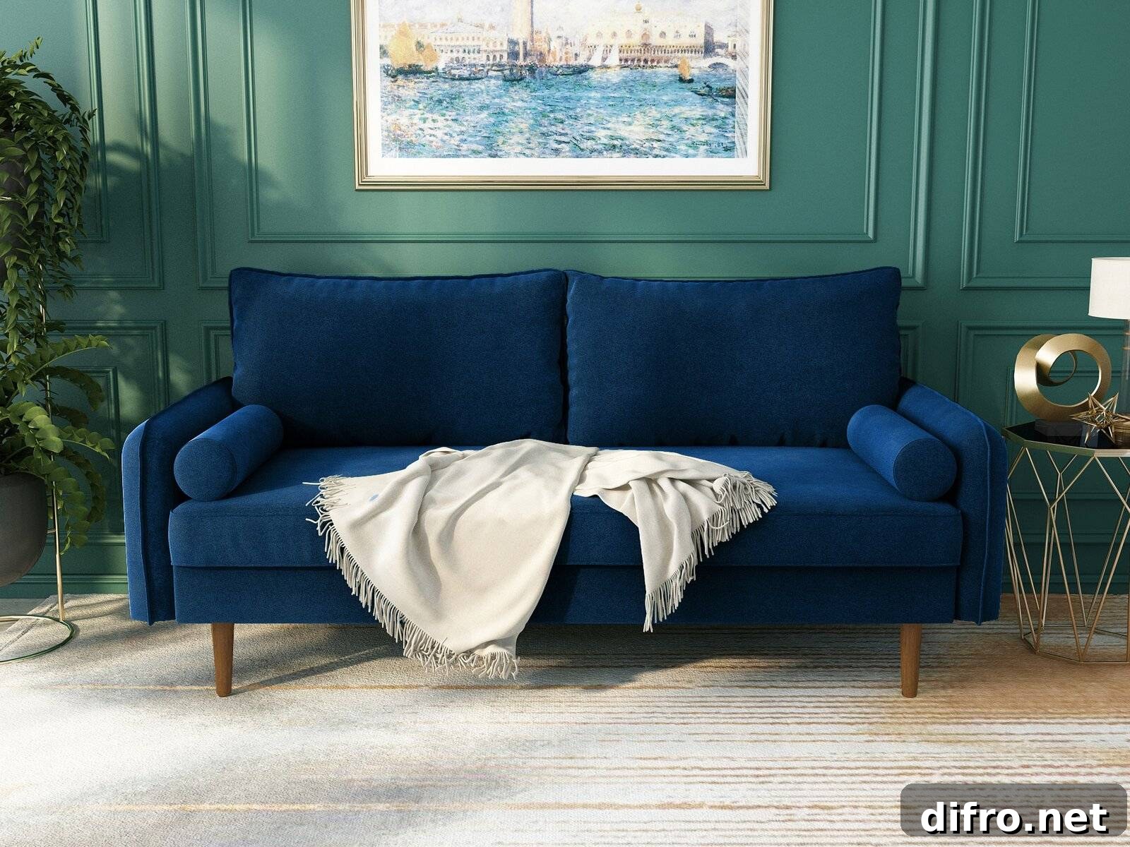 Modern velvet blue sofa with teal wall