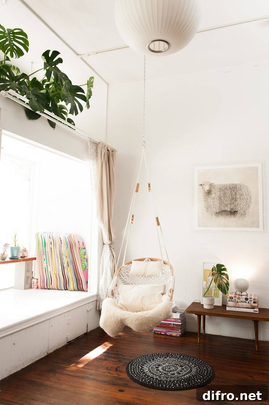 Adorable swing for a cozy reading nook