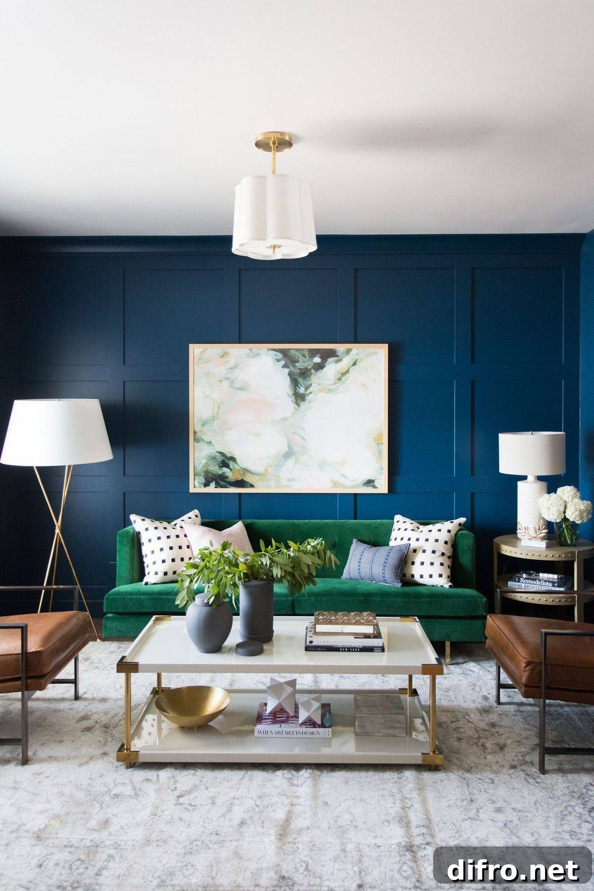 Teal living room with board and batten accent wall