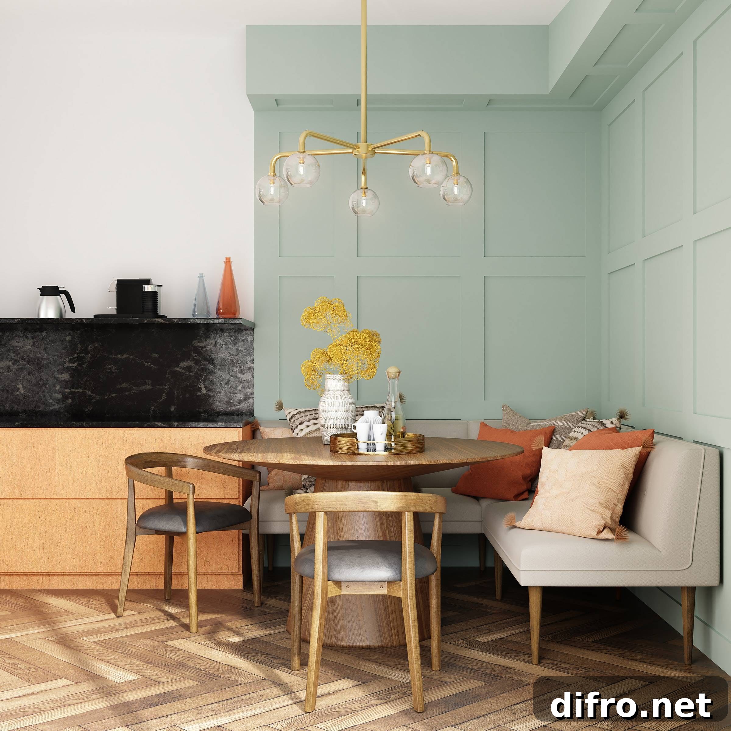Pistachio board and batten wall defining a cozy breakfast nook