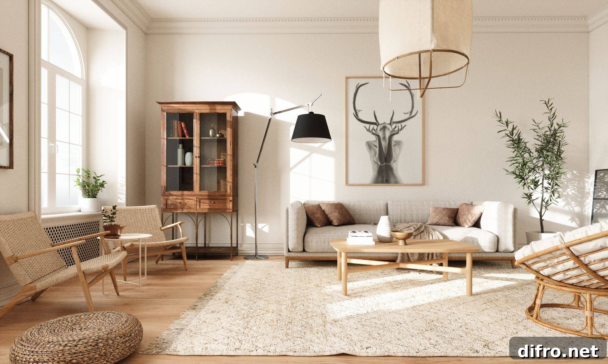 Scandinavian elements and neutral colors in a Japandi-inspired room