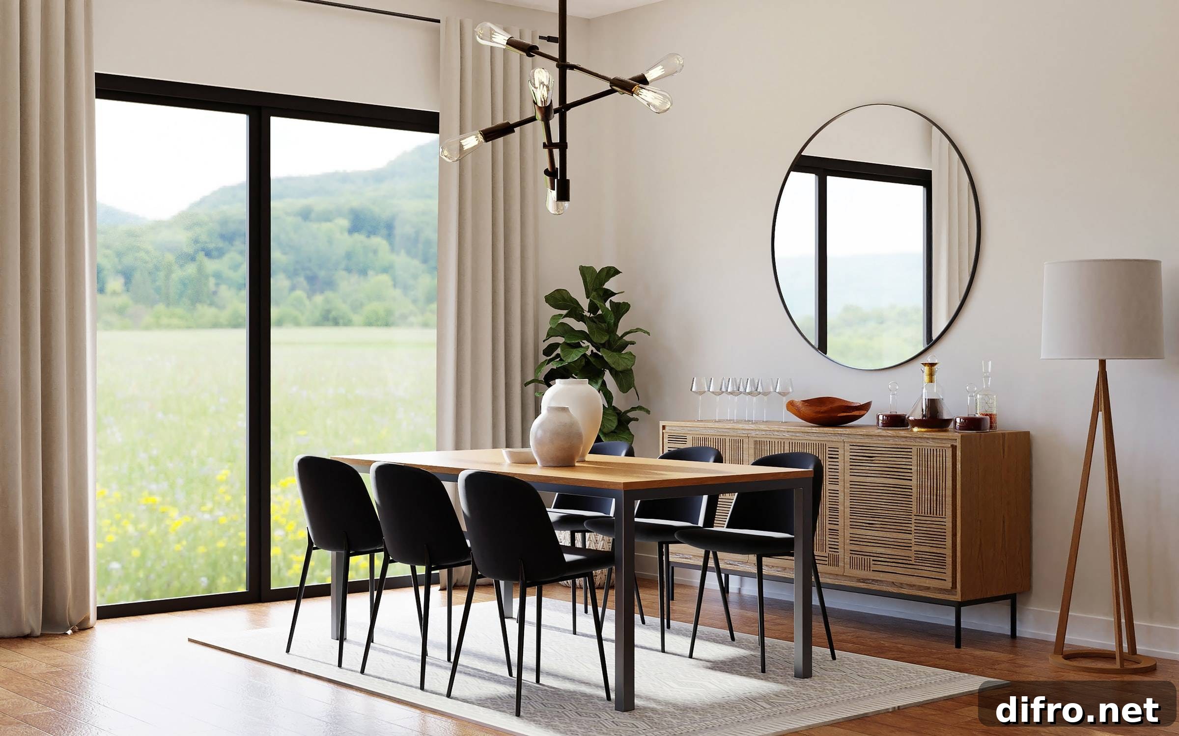 Japandi dining room with dark chairs as a bold accent