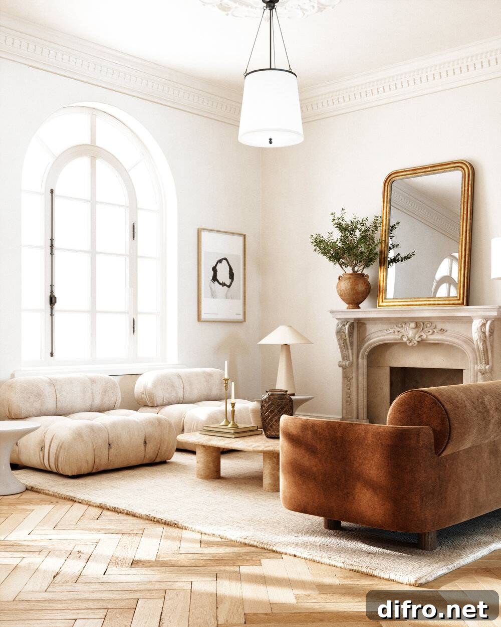 Living area showing unfinished textures and modern Japandi features