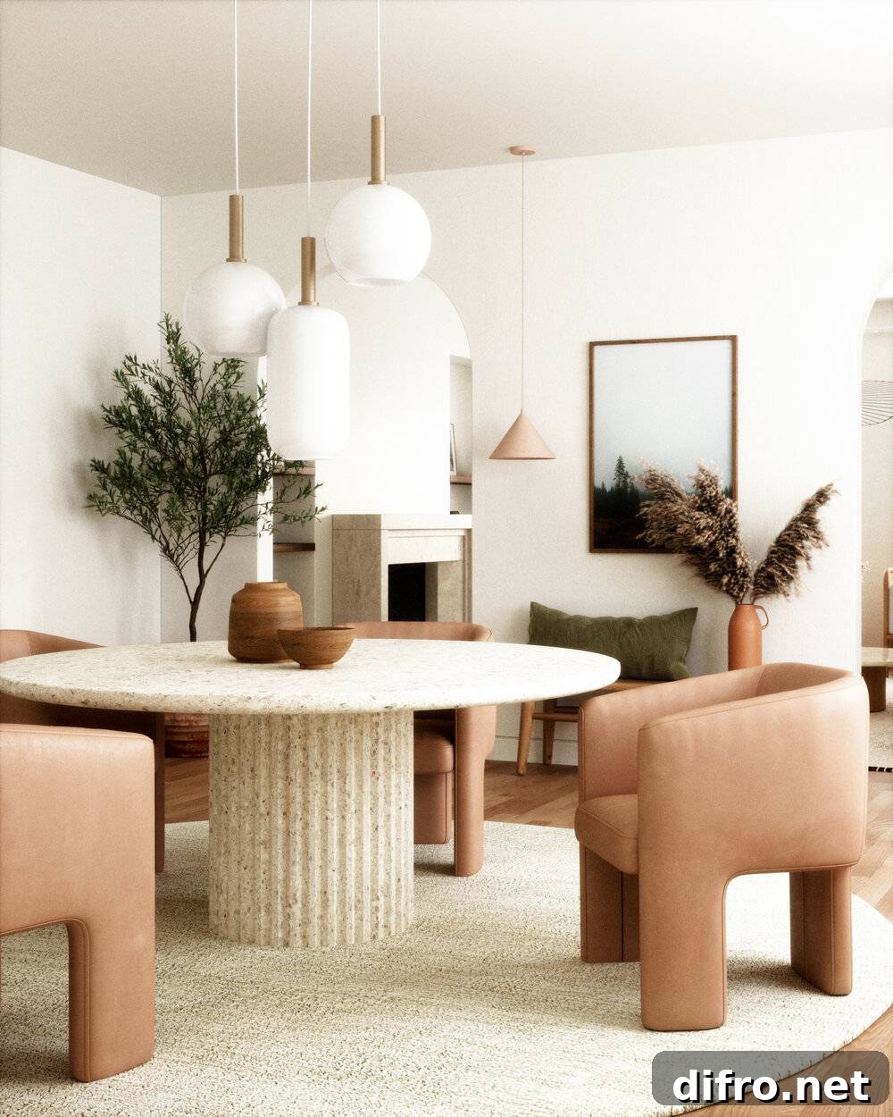 Wabi-sabi dining room elements such as natural stone and simple lines