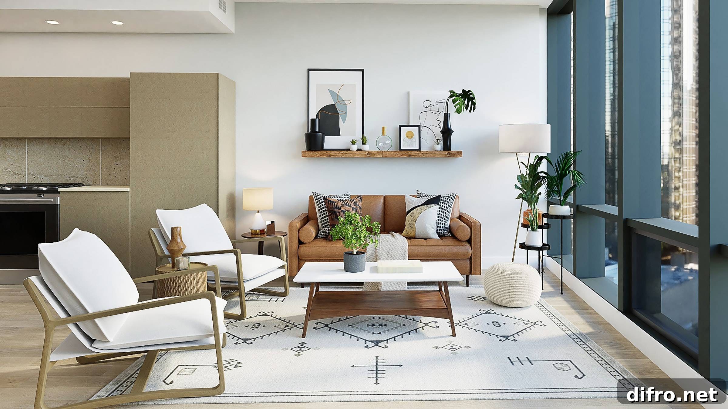Japandi interior with lush houseplants and neutral colors