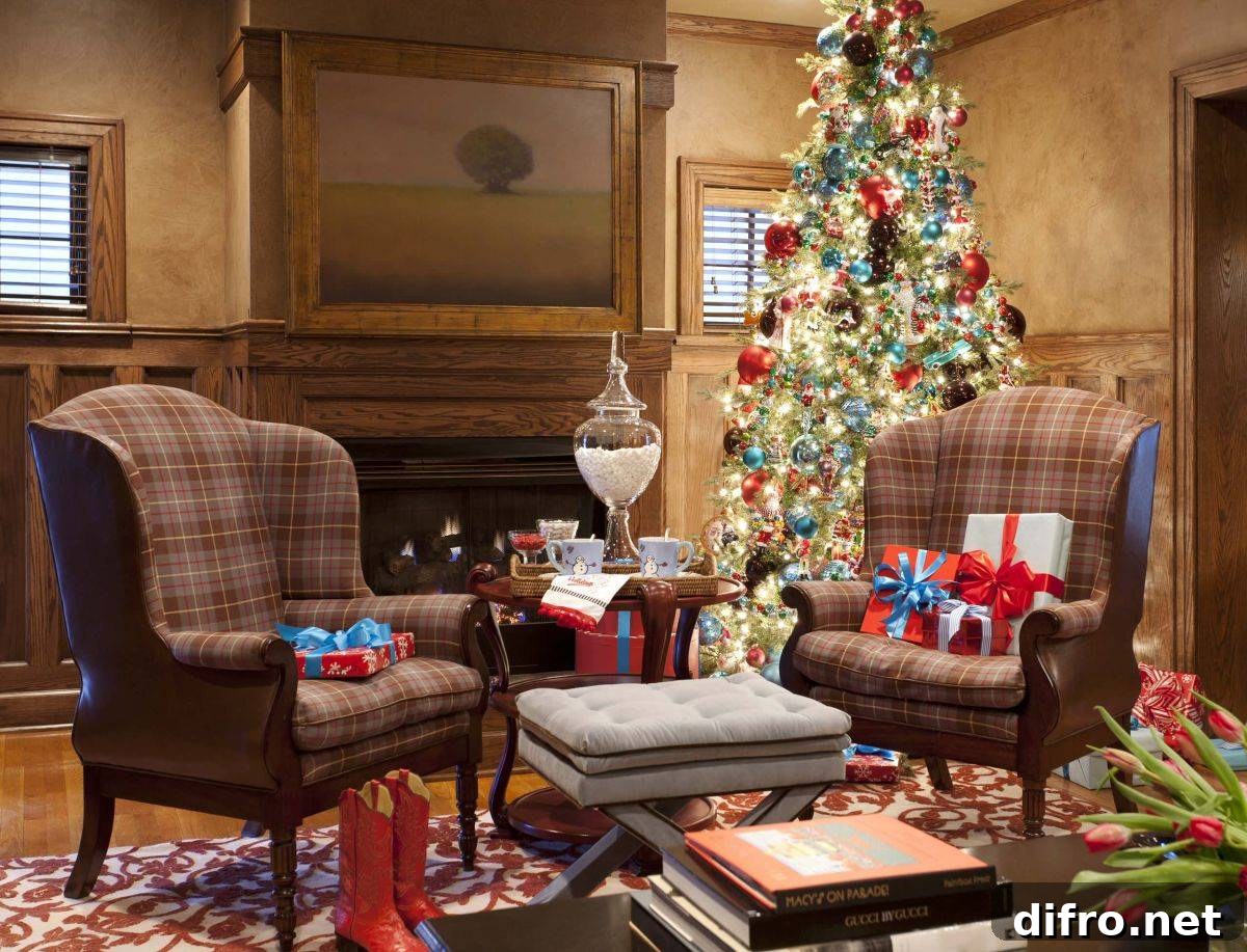 Sparkling Christmas tree in a corner, decorated for the holidays