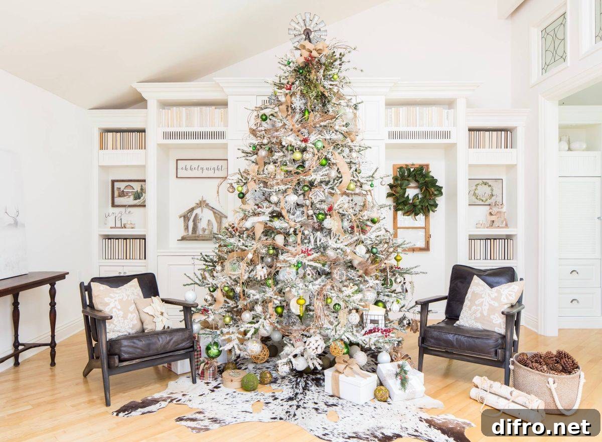 Beautifully decorated white Christmas tree for a modern farmhouse home