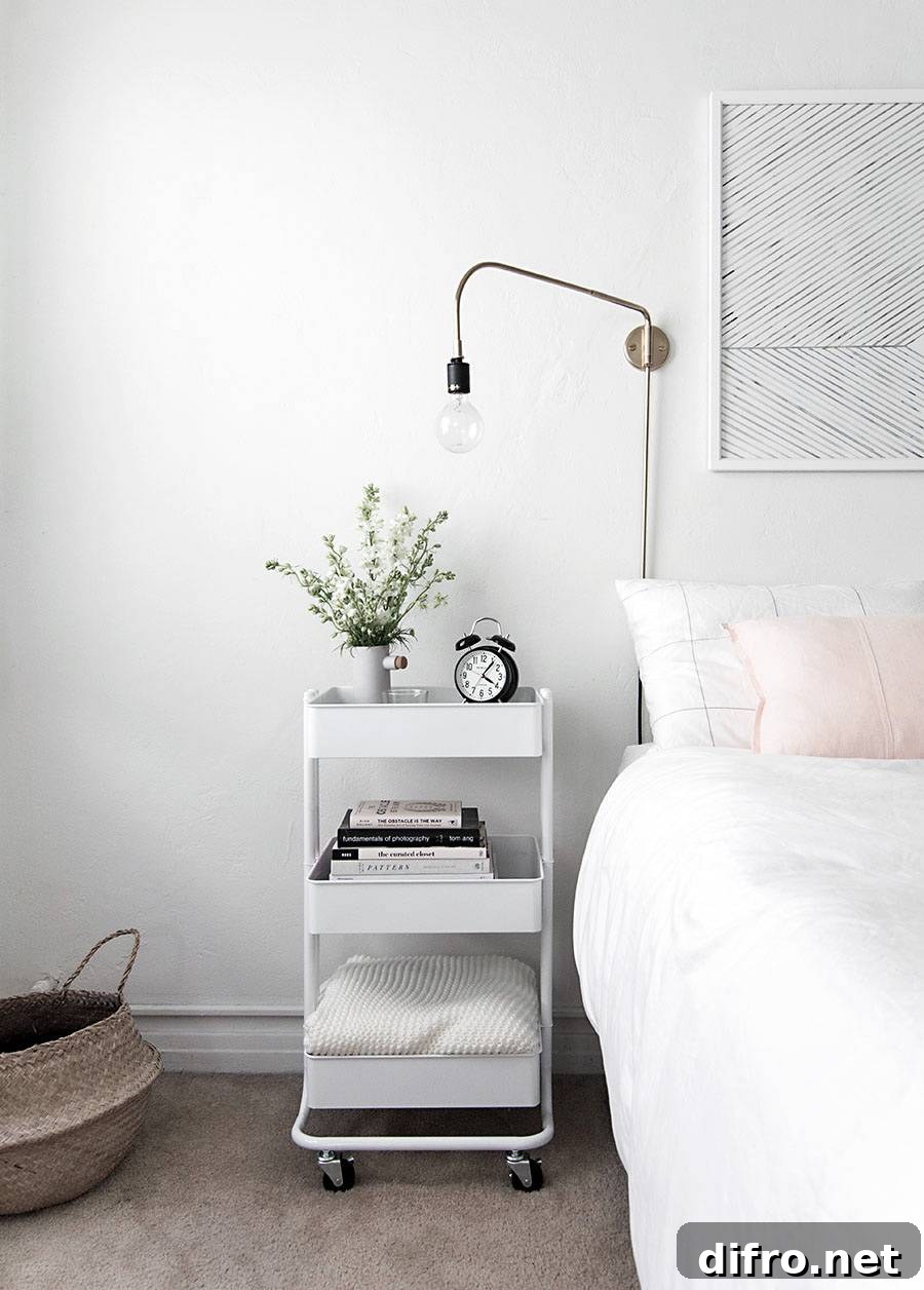 Bar cart used as a bedside table