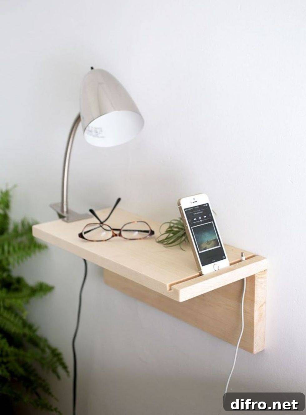 Floating shelf as a bedside table solution