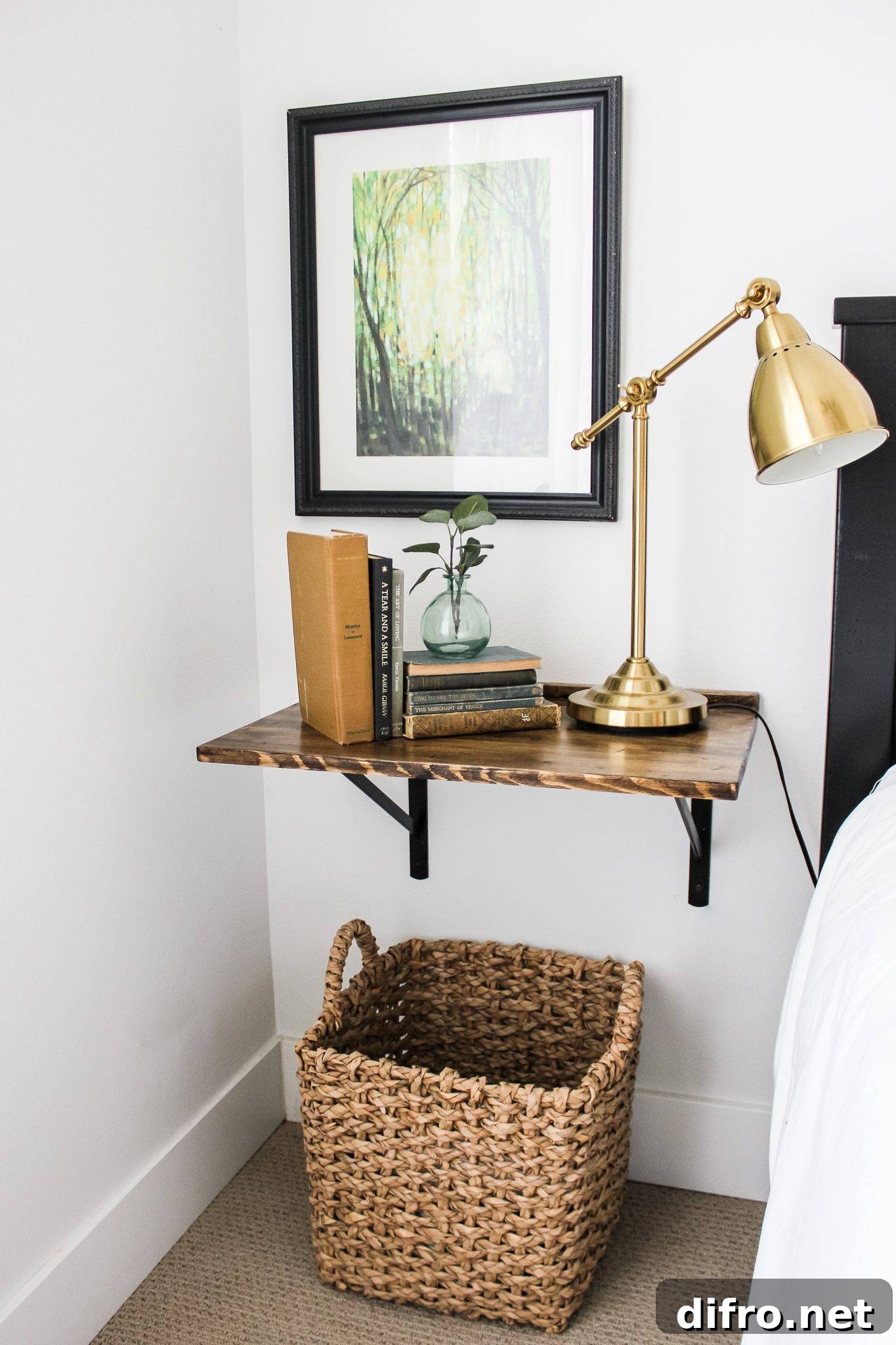 Shelf with woven basket for storage