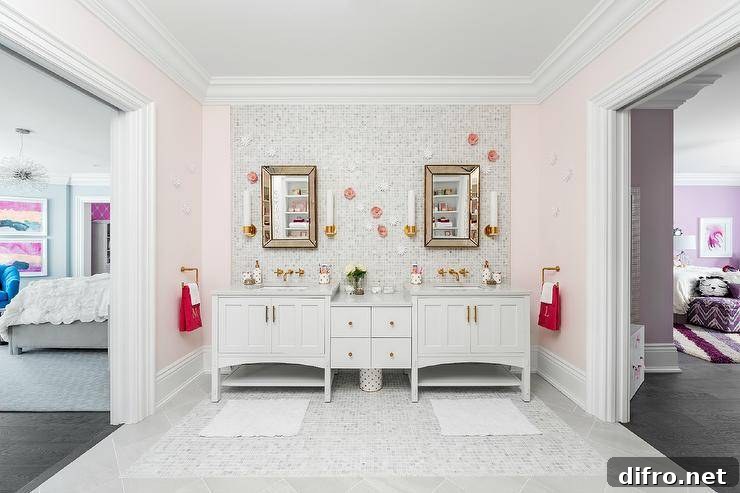 White and pink Jack and Jill girl's bathroom with dual washstand