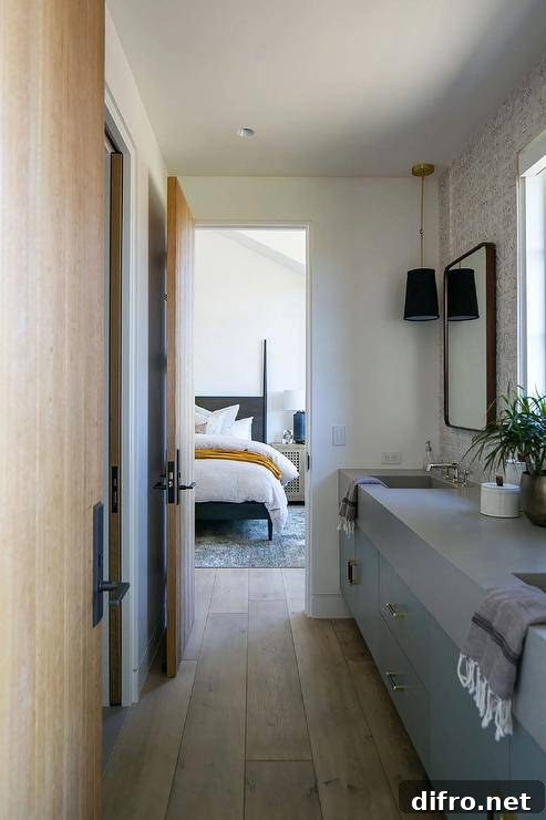 Jack and Jill galley-style bathroom with double washstand