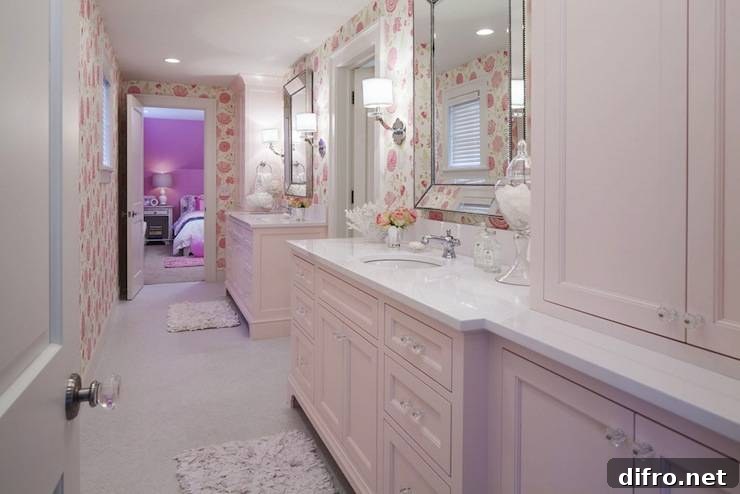 Fun pink girls' bathroom with floral wallpaper