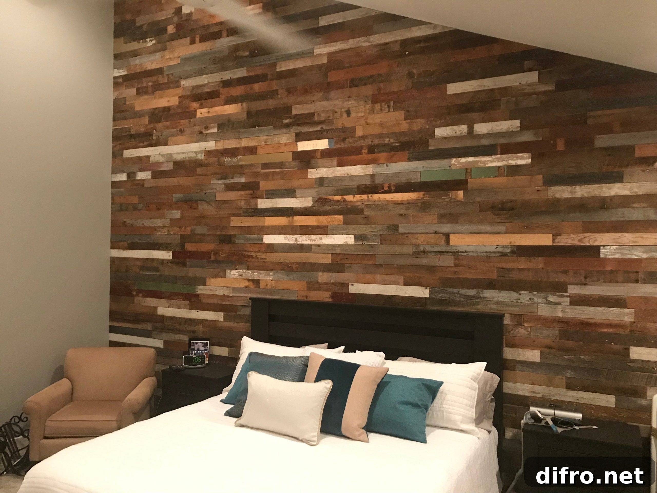 Barn plank wall in a bedroom with white bed and small single-seat chair.