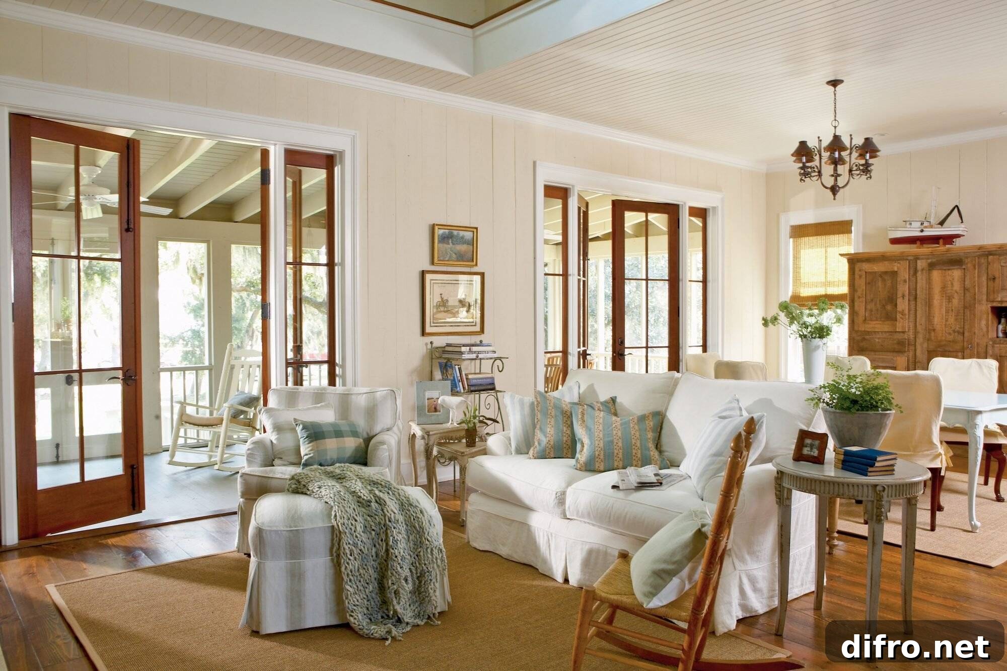 Cottage design white wood accent wall in a traditional yet minimalist living room.