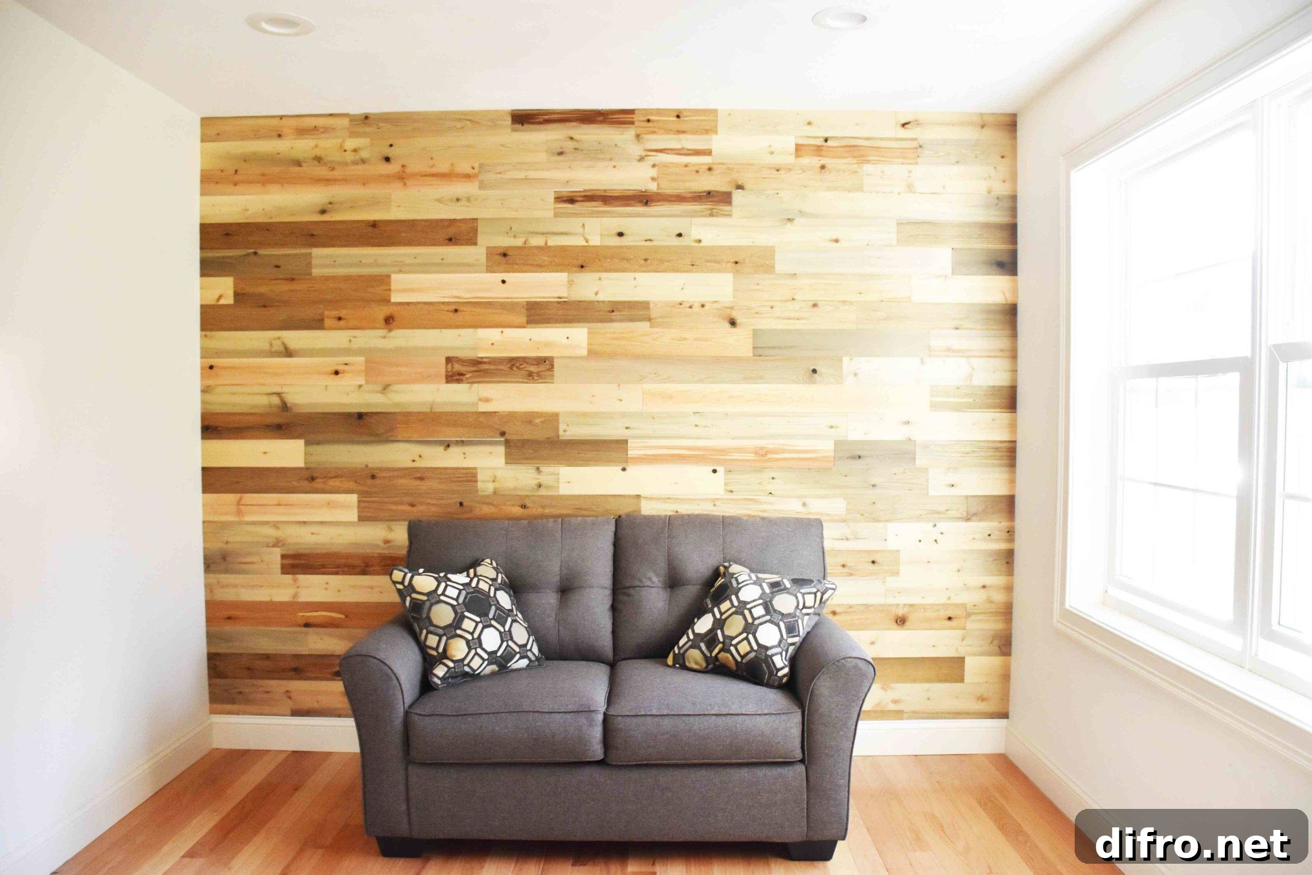 Shiplap wood accent wall fronted by a grey couch.