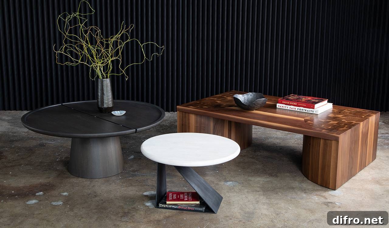 Black vertical wood accent wall, and multiple tables in various shapes.