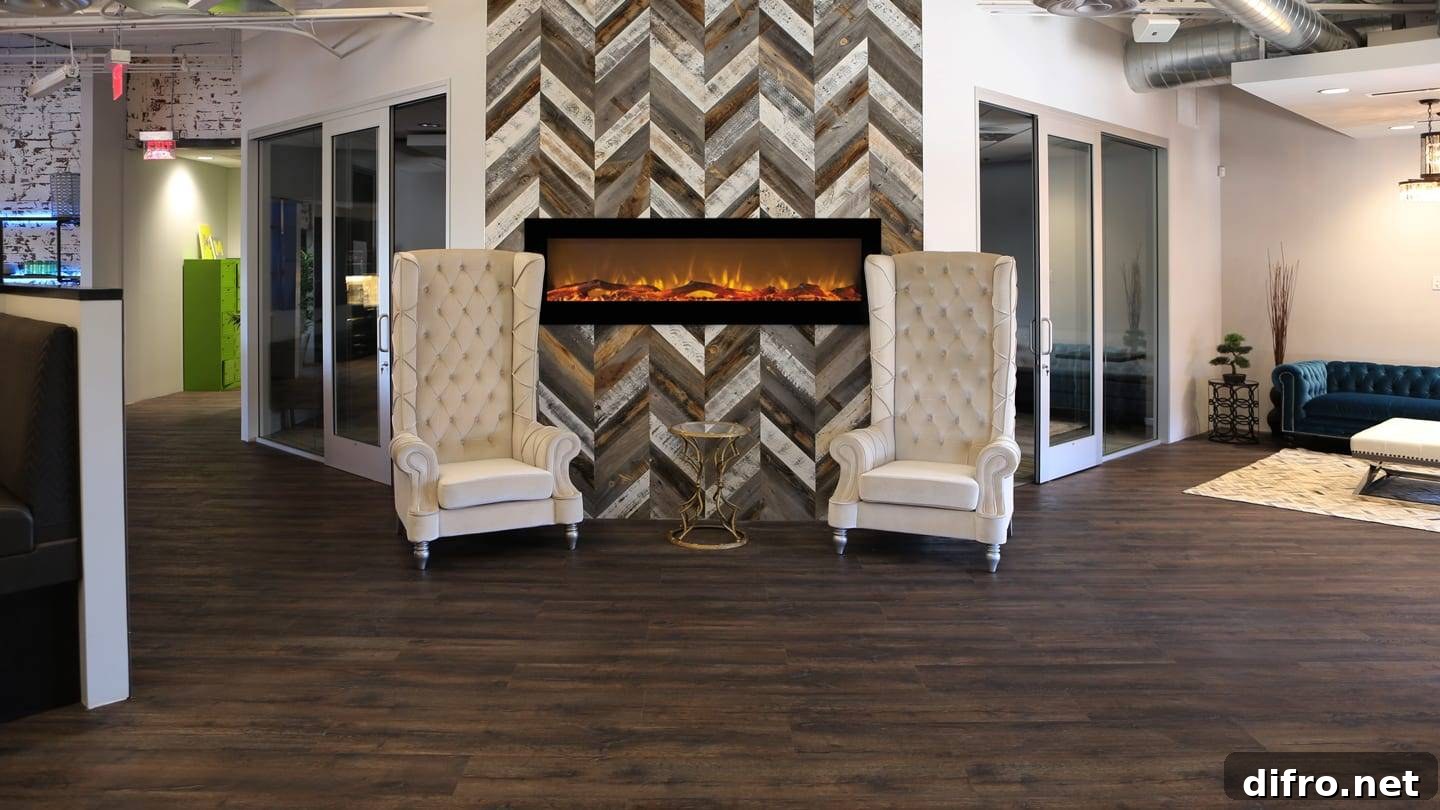Mixed Weathered wood accent wall fronted by two white chairs.