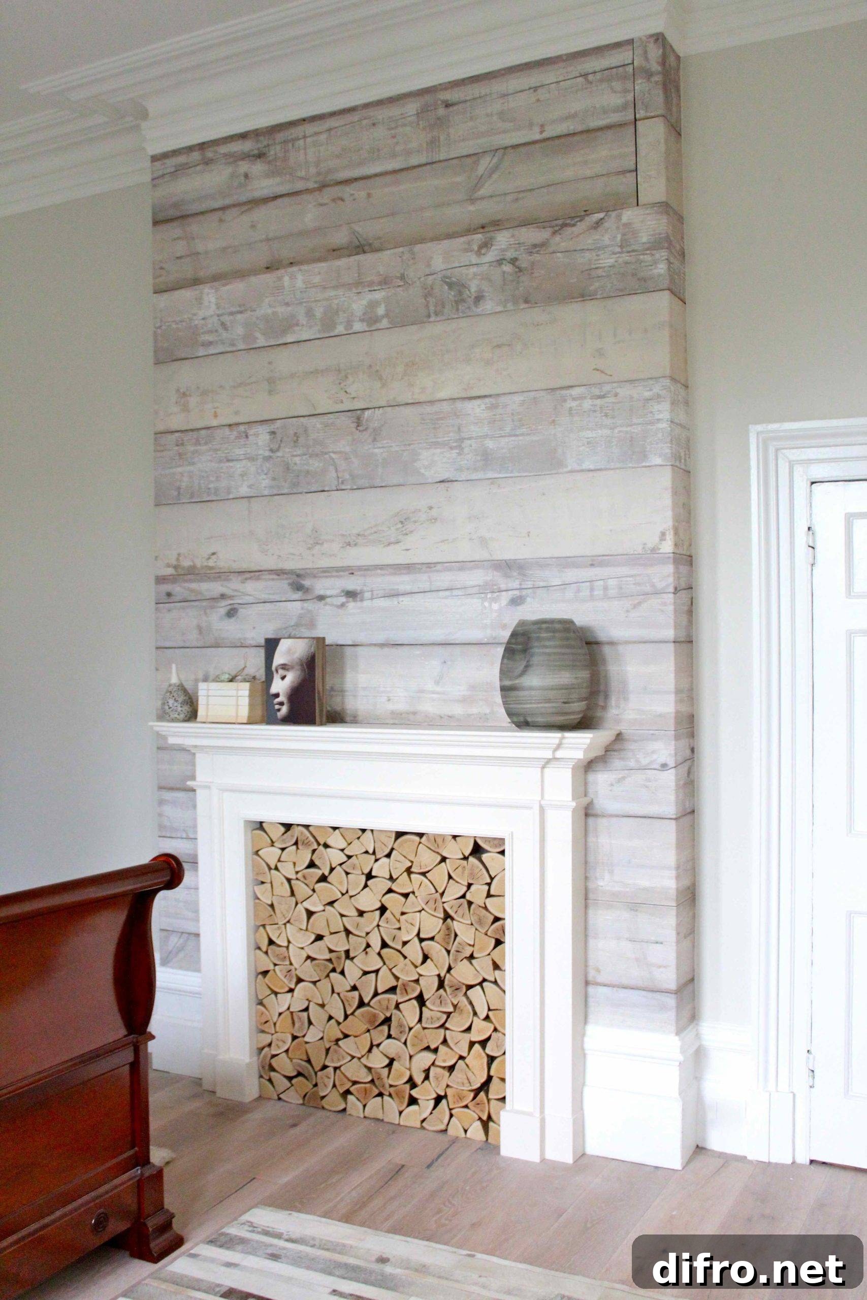 Whitewash wood accent wall with a fireplace filled with quarter logs.