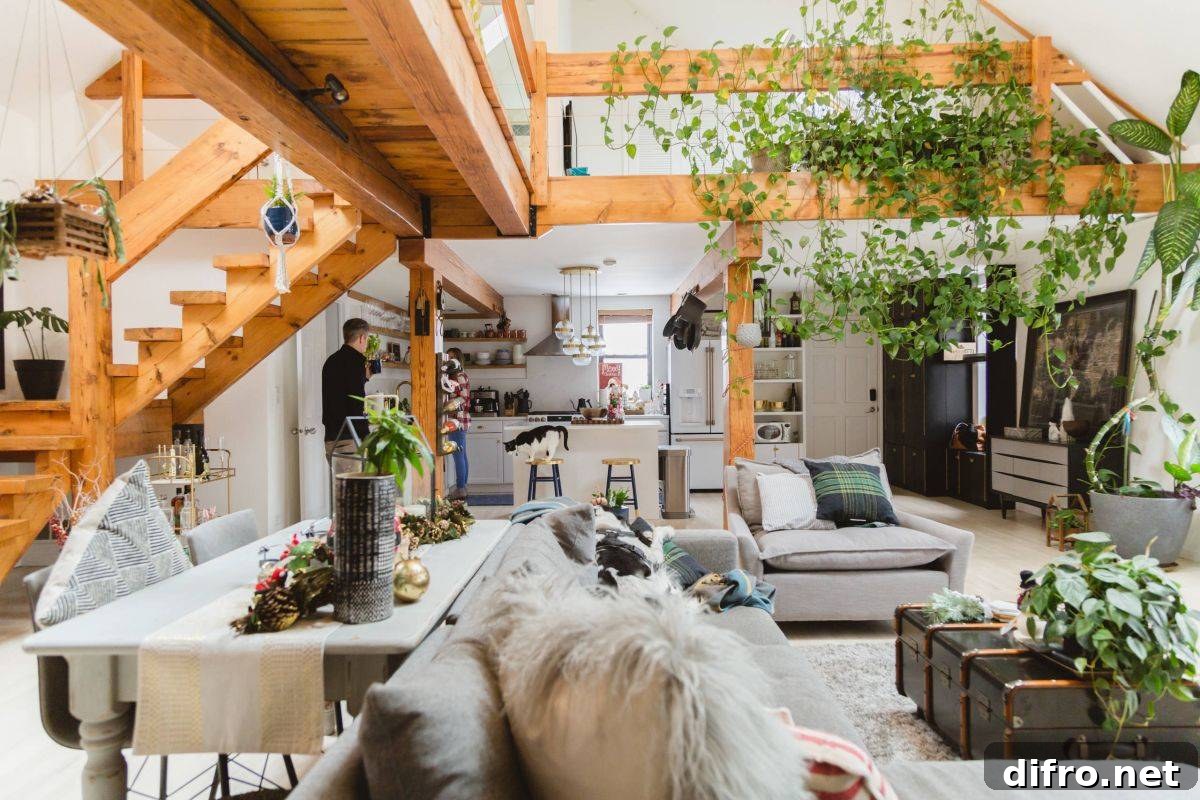 Eclectic living room with wood and white scheme and indoor greenery
