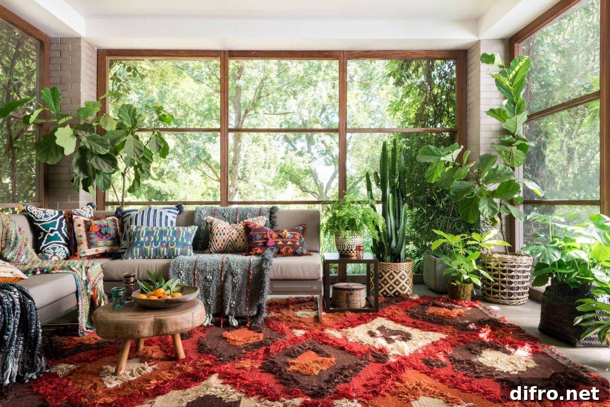 Bright and beautiful living room draped in greenery