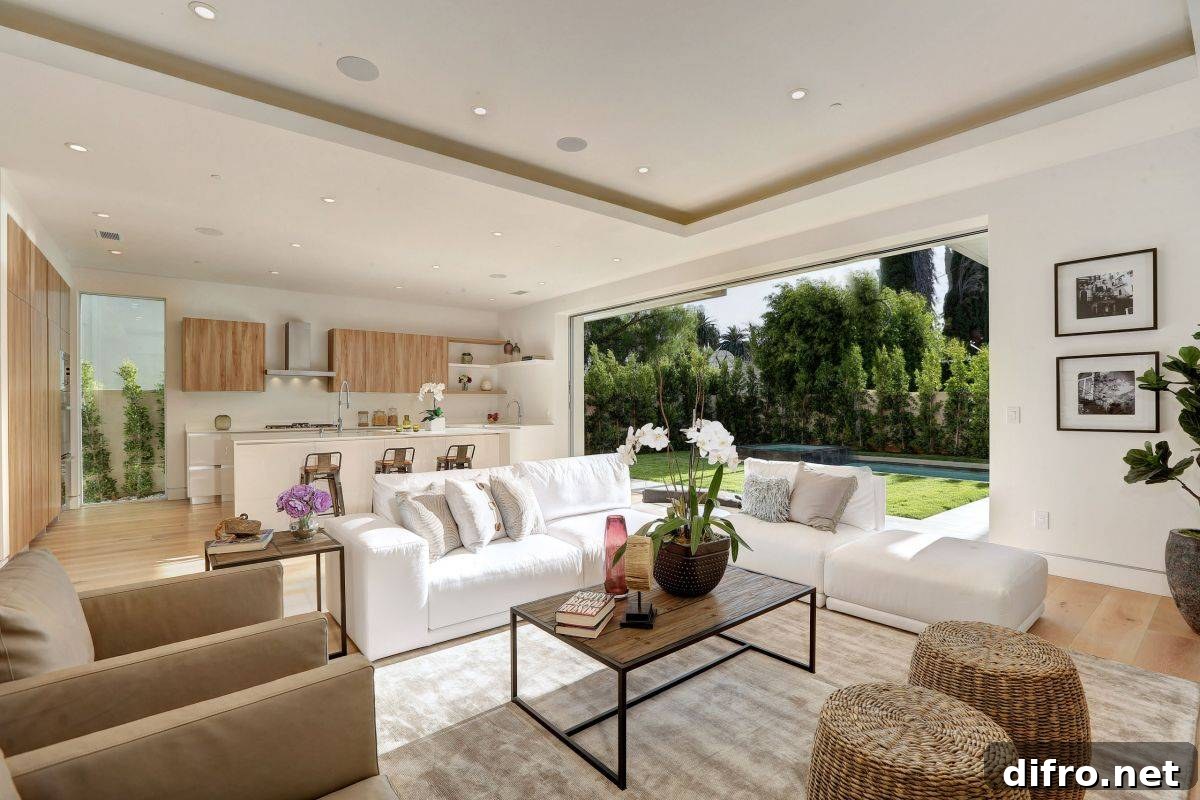 Sliding glass doors bring greenery in the living room