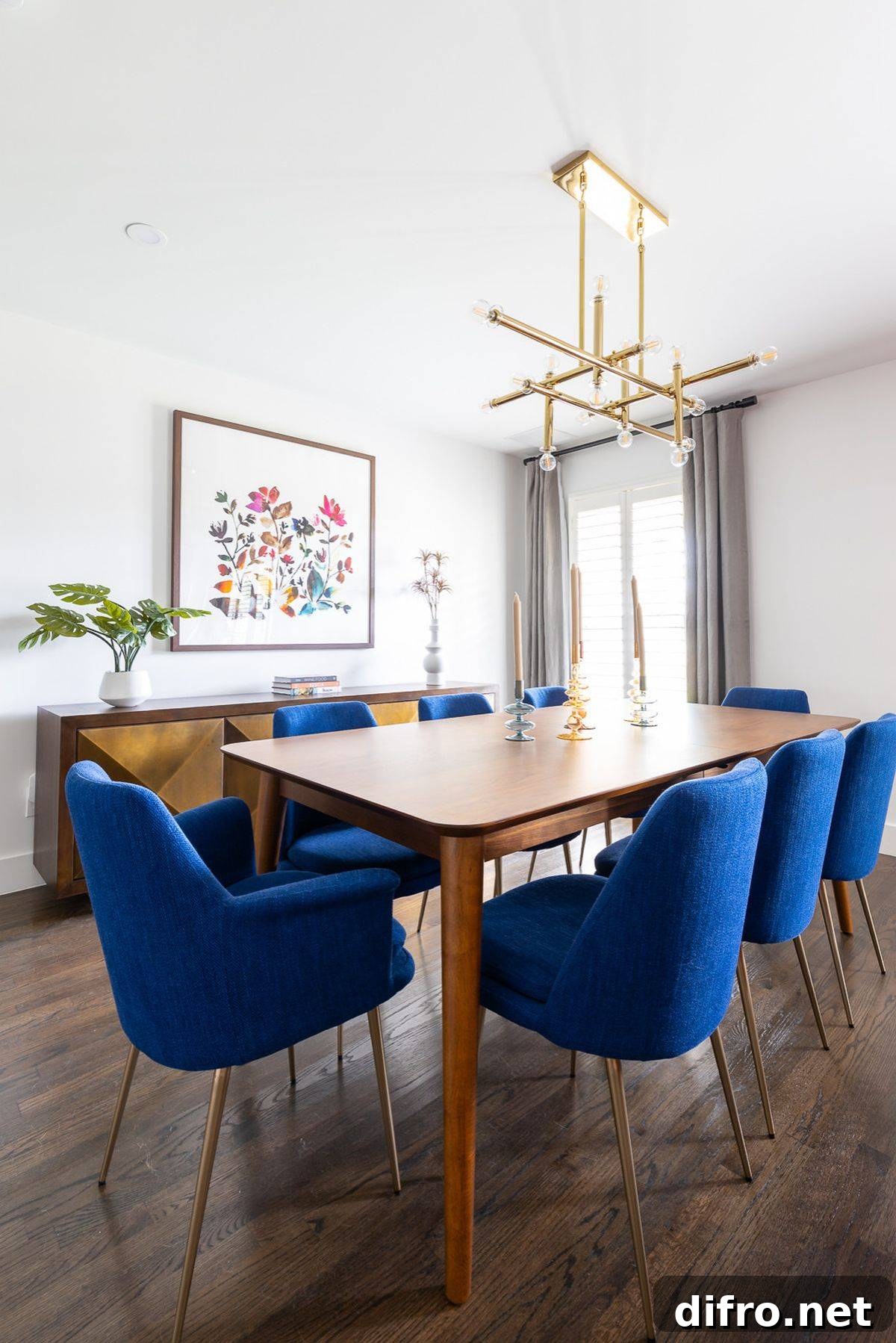 Comfortable blue dining chairs in a modern white dining room