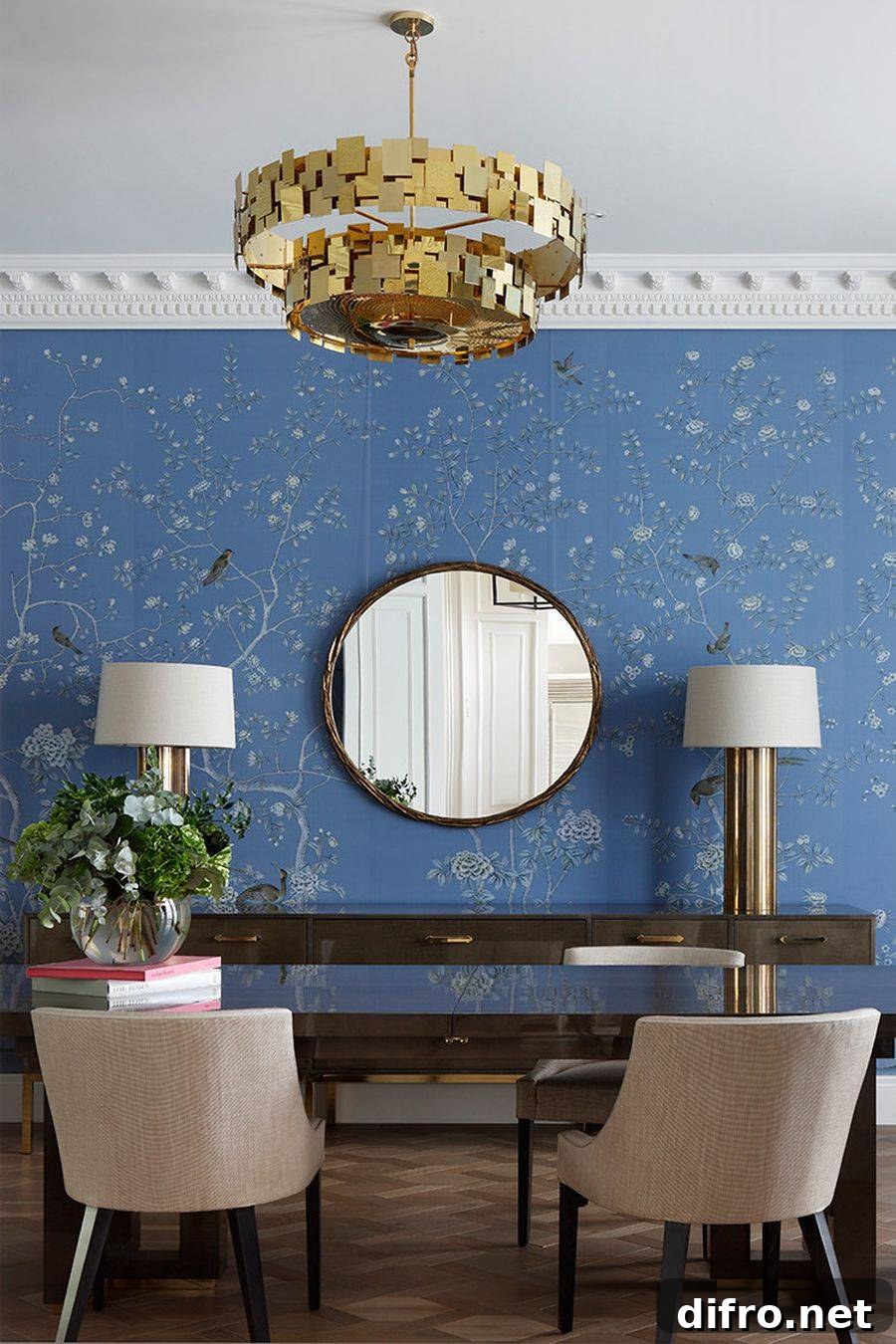 Blue patterned wallpaper bringing charm to a dining room