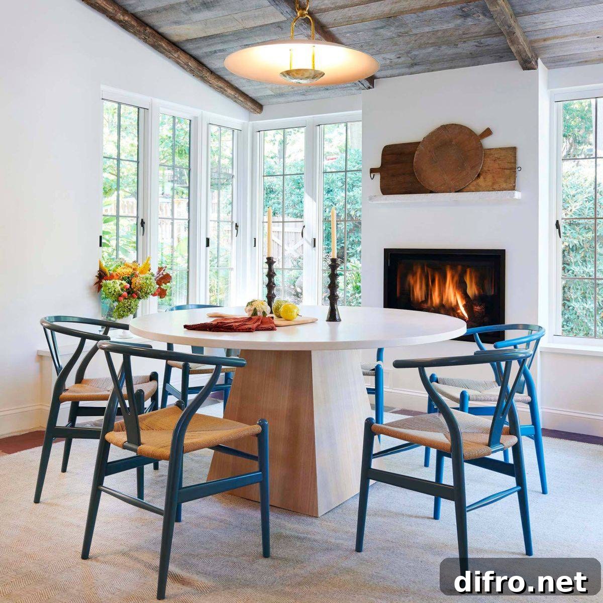 Blue wishbone chair adding color and class to a white dining room with a fireplace