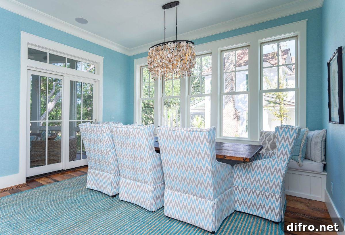 Dining room where blue dominates the backdrop with white accents