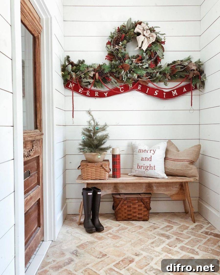 Wreath and Merry Christmas banner in entry