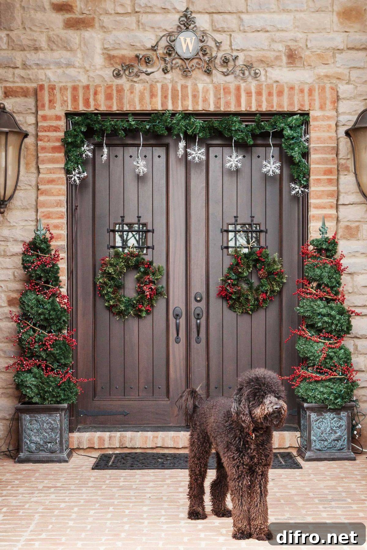 Mistletoe banner and decked out plants for entryway