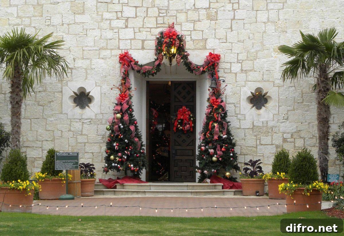 Modern home entry decorated for the holidays