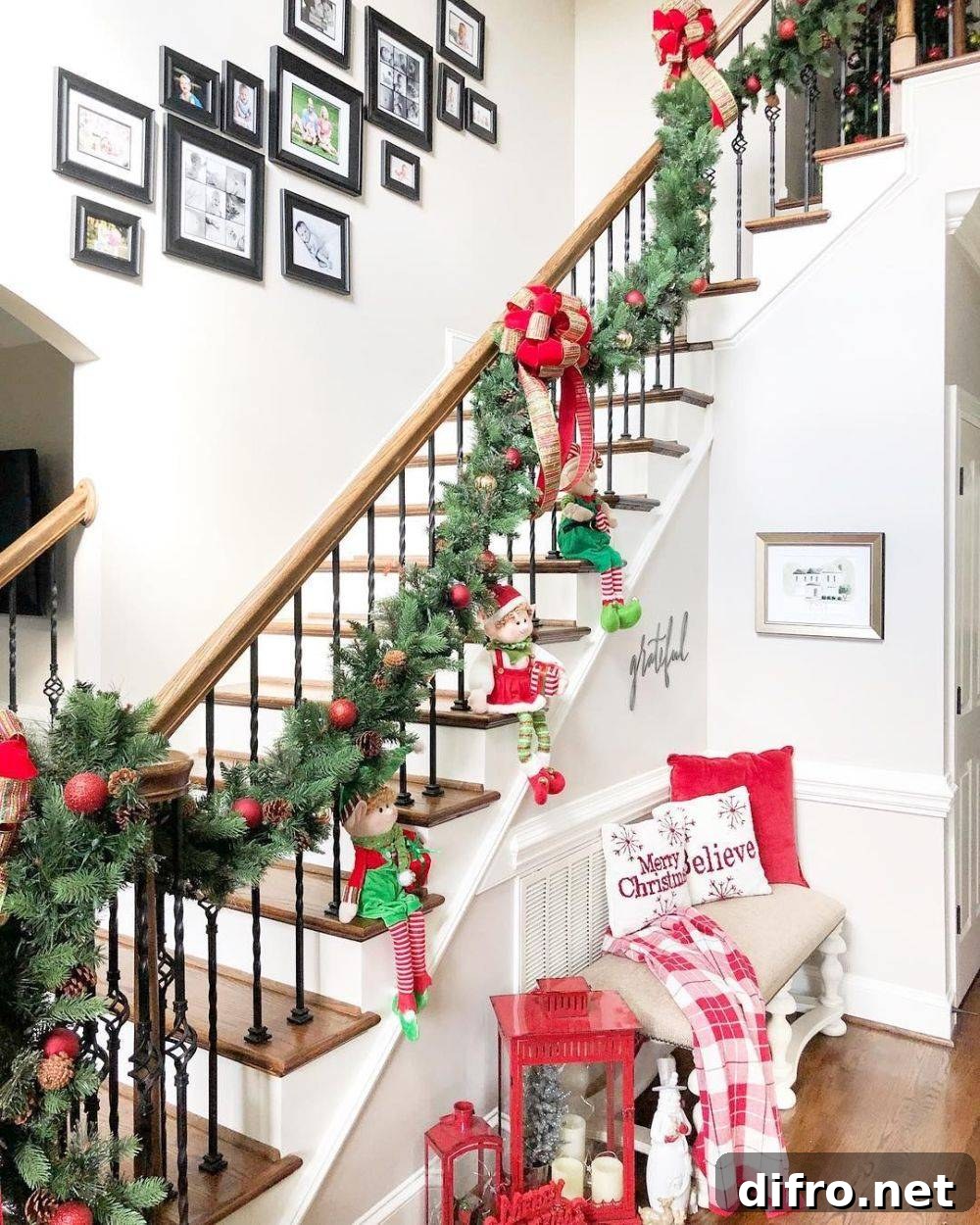 Staircase decorated with a Christmas garland and elves