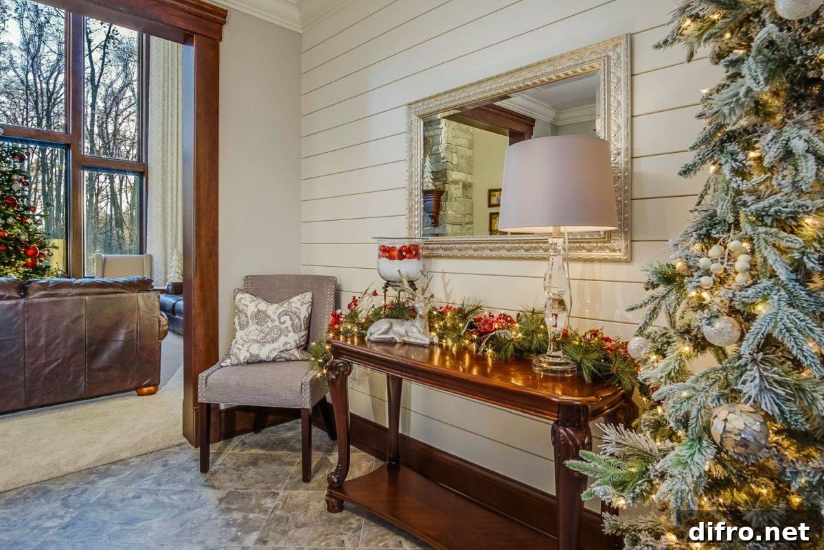 Sparkling lights and Christmas tree in a modern entry