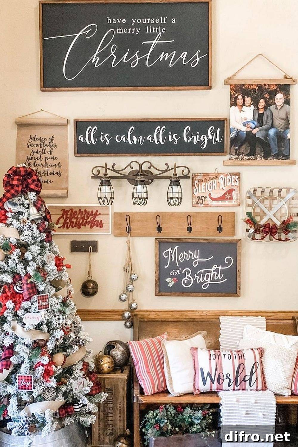 Entry decorated with family photos and seasonal messages