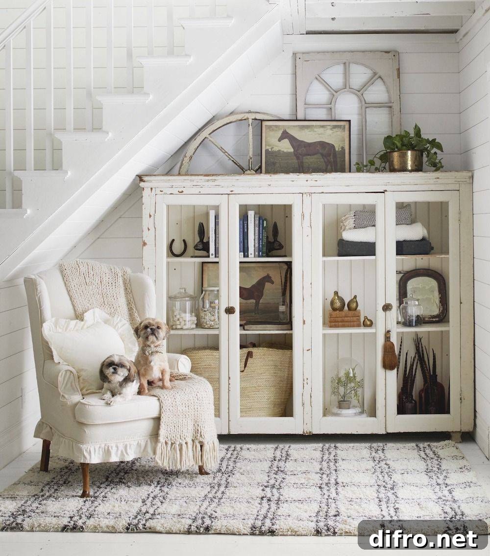 Stairway entryway with a storage cabinet and a chair.