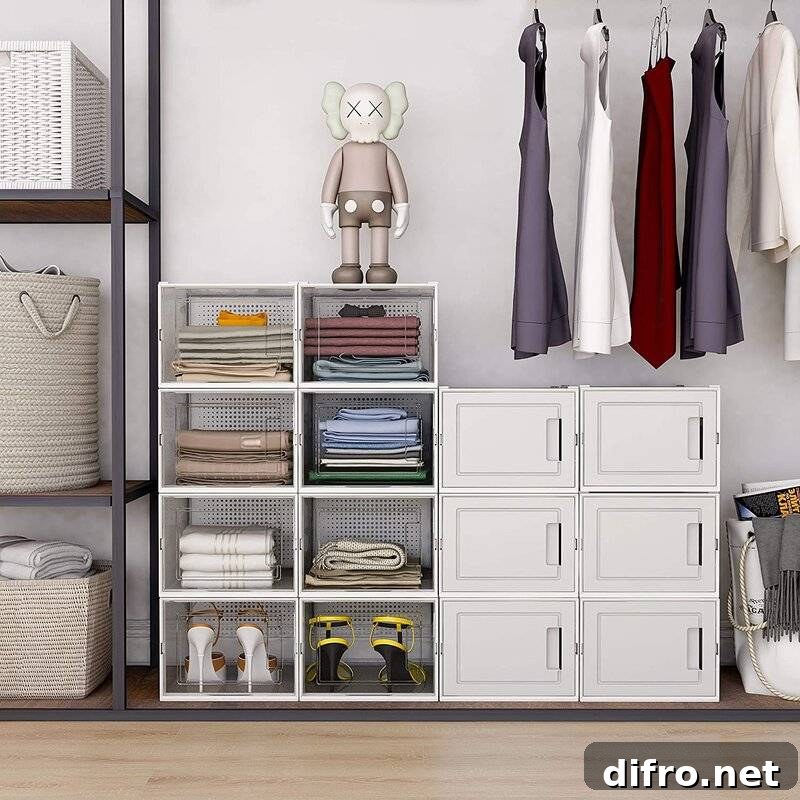 Entryway with storage and shelves beside hung up dresses.