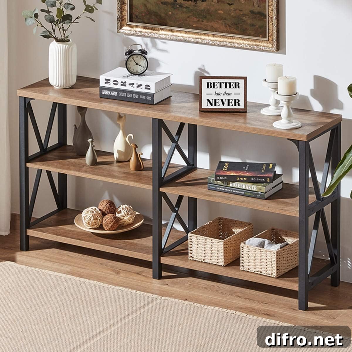 Wood entryway open-style cabinet with various items stored.