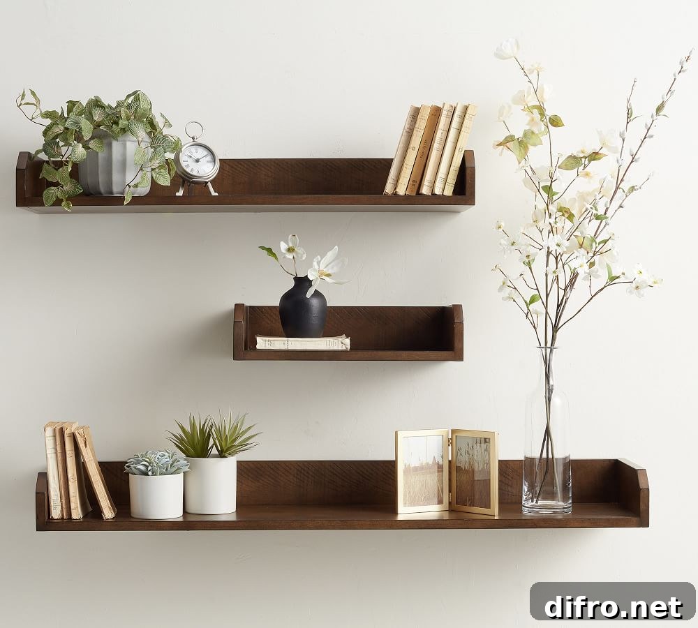 Floating shelves in an entryway.