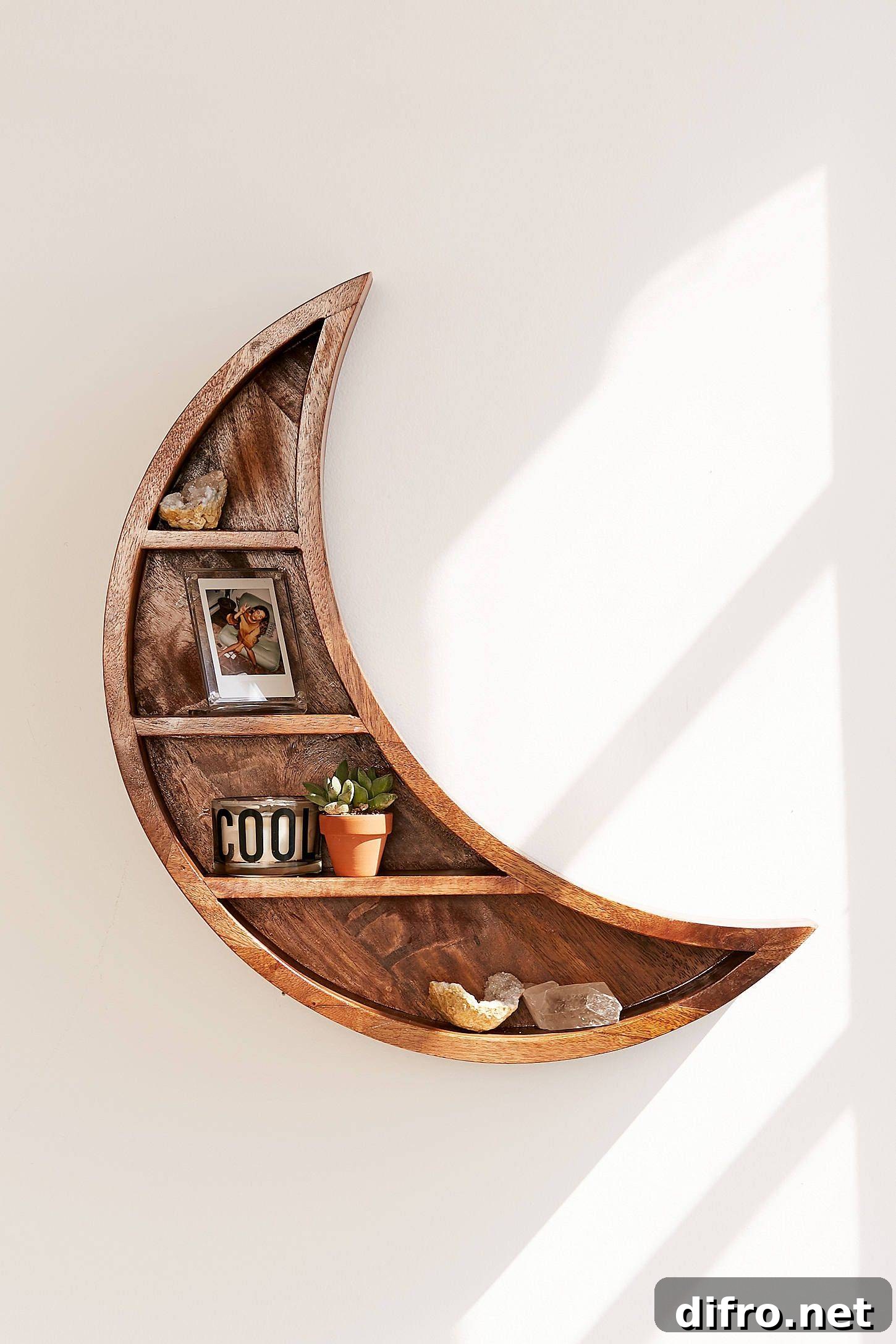 Crescent moon wooden wall shelf