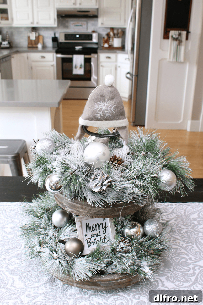 Tiered tray decorated for Christmas