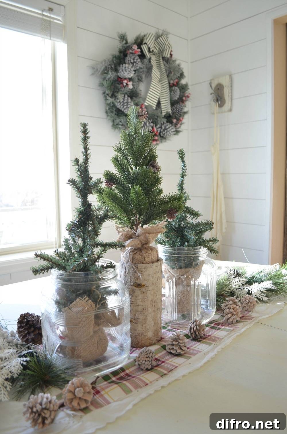 Vignette with branches, jars, and pinecones