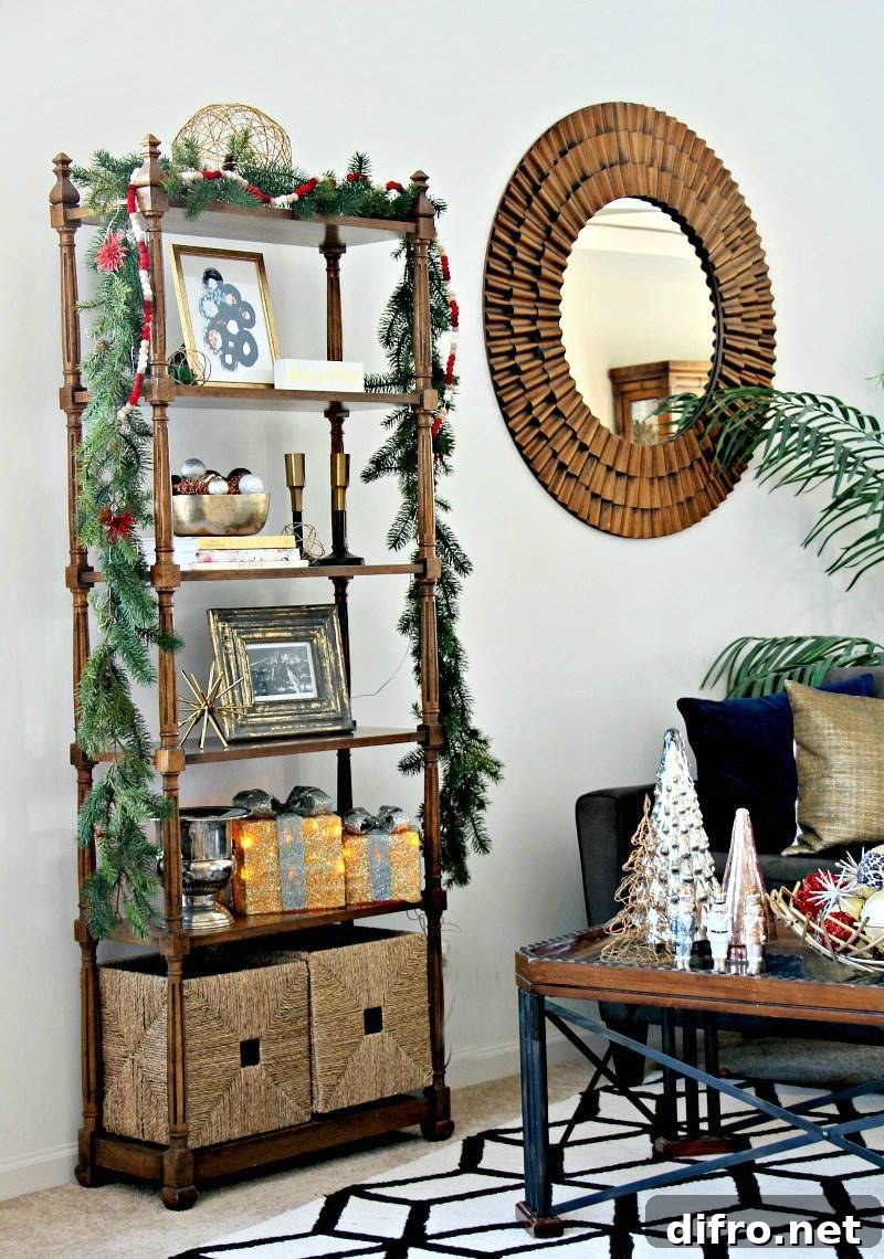 Shelf decorated with lush holiday garlands