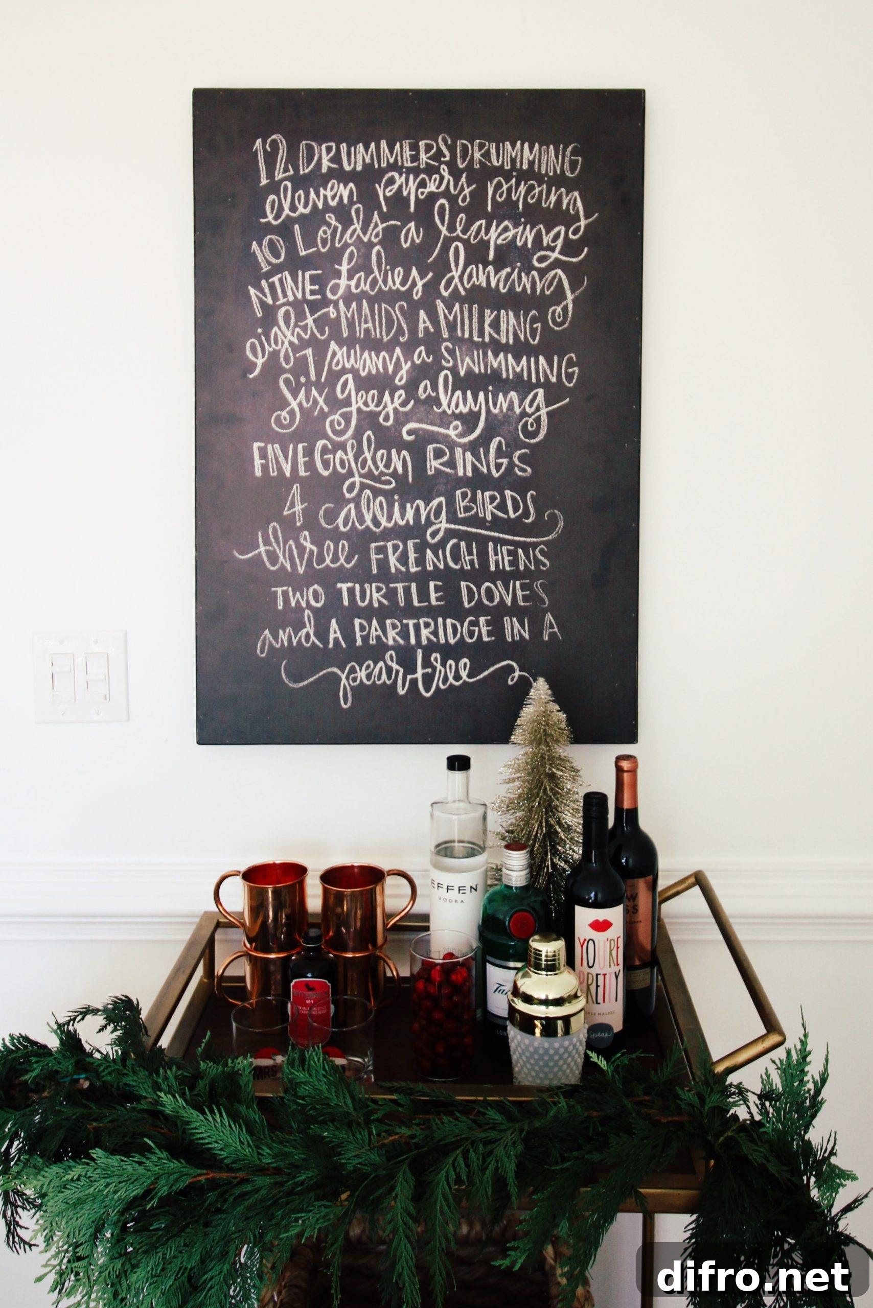 Bar cart styled for the holidays