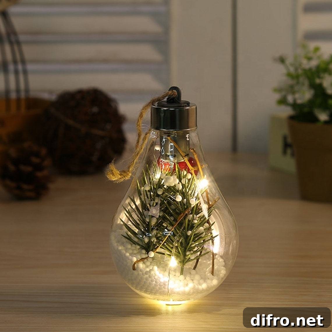 Light bulb shaped Christmas ornament with tiny lights