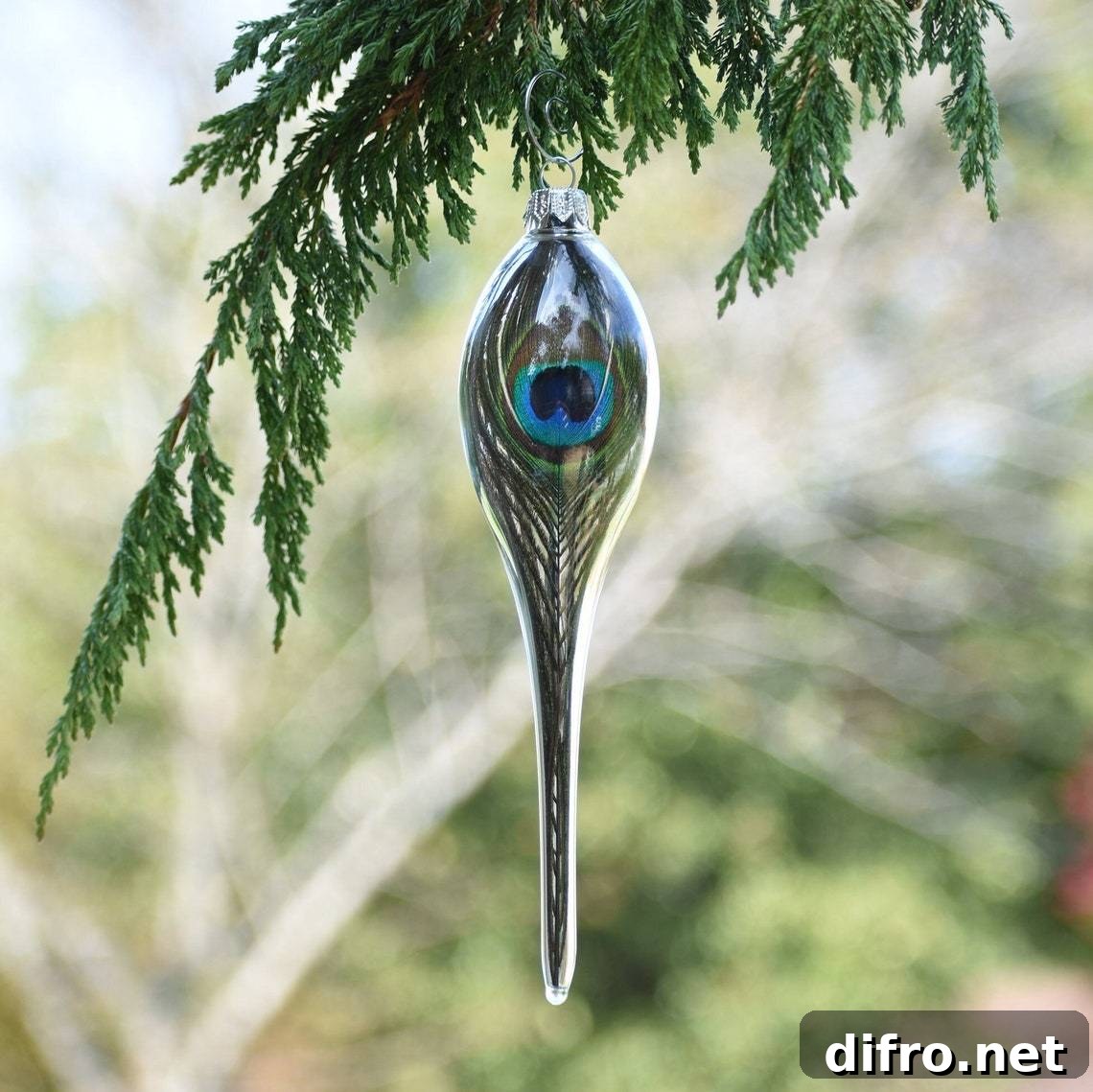 Glass ornament featuring a peacock feather